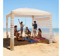 VEVOR Cabaña de Playa de 2,4 x 2,4 m, con Pared Lateral, Protección Solar UPF 50+, Incluye Sacos de Arena, Altura Ajustable y Portátil, Ideal para Toda la Familia y Amigos, Rayas Caqui y Blanco
