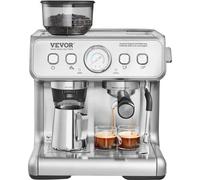 VEVOR Cafetera Espresso con Molinillo, Cafetera Espresso Semiautomática de 15 Bares con Espumador de Leche, Tanque de Agua Extraíble y Manómetro para Capuchino, Latte, Machiato, Sistema de Control PID