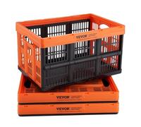 VEVOR Caja de Almacenamiento de Plástico Plegable con Tapas 3 PCS, Cajas de Transporte Apilable 45 L con Asas, Contenedores Grandes y Resistentes para Ropa, Juguetes, Libros, Accesorios, Negro/Naranja