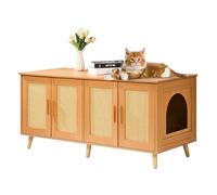 VEVOR Caja de Arena para Gatos para 2 Gatos, Muebles Ocultos con Puertas Decoradas de ratán, Armario de Madera para Gatos Que se Adapta a la mayoría de Cajas de Arena, 47.2 Pulgadas de Largo x 19.7