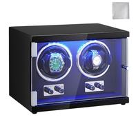 VEVOR Caja enrolladora automática para relojes con capacidad para 2 relojes automáticos con 2 motores silenciosos japoneses Mabuchi 5 modos de cuerda en panel de alta densidad y LED acrílico azul