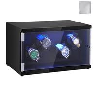 VEVOR Caja enrolladora automática para relojes con capacidad para 4 relojes automáticos con 2 motores silenciosos japoneses Mabuchi 5 modos de cuerda en panel de alta densidad y LED acrílico azul