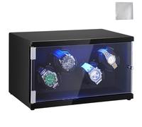 VEVOR Caja Enrolladora Automática para Relojes con Capacidad para 4 Relojes Automáticos con 2 Motores Silenciosos Japoneses Mabuchi 5 Modos de Cuerda en Panel de Alta Densidad y LED Acrílico Azul