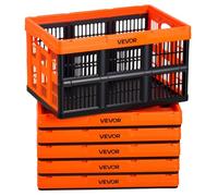 VEVOR Cajas de Almacenaje Plegables de Plástico 45 L, 6 Unidades, Contenedores de Almacenaje con Asas, sin Tapa, Ahorra Espacio, Soporta 15 kg para Hogar Coche Organización Camping, Naranja y Negro