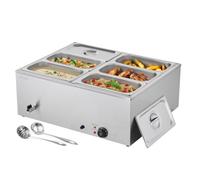 VEVOR Calentador de Alimentos 1500 W, de Acero Inoxidable, con Tapa, para 6 Sartenes, para Bufé de Encimera, Baño María con Cucharones para Sopa y Perforados, para Catering, 710 x 568 x 280 mm