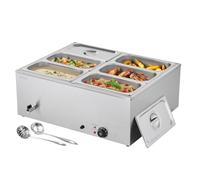 VEVOR Calentador de Alimentos 1500 W, de Acero Inoxidable, con Tapa, para 6 Sartenes, para Bufé de Encimera, Baño María con Cucharones para Sopa y Perforados, para Catering, 710 x 568 x 280 mm