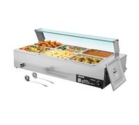 VEVOR Calentador de Alimentos 1500 W Eléctrico, Acero Inoxidable, con Vapor y Tapa de Cristal, 6 Bandejas de 1/2, para Bufé, Baño María con Cucharones para Sopa y Perforados, 1100 x 570 x 385 mm