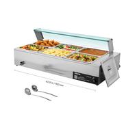 VEVOR Calentador de Alimentos 1500 W Eléctrico, Acero Inoxidable, con Vapor y Tapa de Cristal, 6 Bandejas de 1/2, para Bufé, Baño María con Cucharones para Sopa y Perforados, 1100 x 570 x 385 mm
