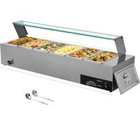 VEVOR Calentador de Alimentos 1500 W, Eléctrico, Acero Inoxidable, con Vapor y Tapa de Cristal, 6 Bandejas de 1/3 de Tamaño, para Bufé, para Catering, Restaurantes y Fiestas, 1185 x 365 x 385 mm