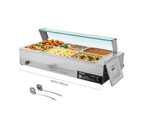 VEVOR Calentador de Alimentos 1500 W Eléctrico, Acero Inoxidable, con Vapor y Tapa de Cristal, 6 Bandejas de 1/2, para Bufé, Baño María con Cucharones para Sopa y Perforados, 1100 x 570 x 385 mm