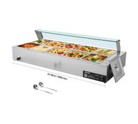 VEVOR Calentador de Alimentos 1700 W, Eléctrico, Acero Inoxidable, con Vapor y Tapa de Cristal, para 10 Sartenes, para Buffet de Encimera, a Catering, Restaurantes y Fiestas, 1460 x 690 x 385 mm