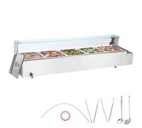 VEVOR Calentador de Alimentos Comercial de 5 Sartenes con Cubierta de Vidrio, 1700 W, Encimera Acero Inoxidable, Control Temperatura de 30-85 °C para Catering, Restaurantes, Plata, 1464 x 378 x 381 mm