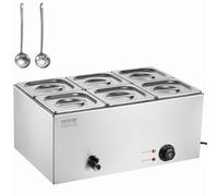 VEVOR Calentador de Alimentos Comercial de 6 Sartenes, 13,5 L, 1200 W, Encimera de Acero Inoxidable, con Control de Temperatura de 86 a 185 °F para Catering y Restaurantes, Plata, 540 x 360 x 250 mm