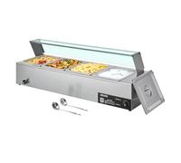 VEVOR Calentador de Alimentos Eléctrico de Acero Inoxidable 1500 W con Vapor y Cubierta de Vidrio, 4 Bandejas, Baño María con Cucharones, para Restaurantes y Fiestas, 1185 x 365 x 385 mm, Plata