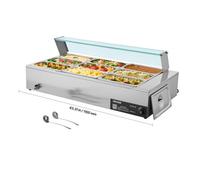 VEVOR Calentador de Alimentos Eléctrico de Acero Inoxidable 1500 W con Vapor y Cubierta Vidrio, 9 Bandejas, con Cucharones para Sopa y Perforados, a Restaurantes y Fiestas, 1100 x 570 x 385 mm