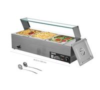 VEVOR Calentador de Alimentos Eléctrico de Acero Inoxidable de 1500 W con Vapor y Cubierta de Vidrio, 3 Bandejas para Buffet de Encimera, Baño María con Cucharones, para Catering, Restaurantes