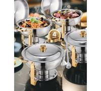 VEVOR Calentador de Alimentos para Bufé con 4 Recipientes de Tamaño Completo(4,7 L Cada Uno), Redondo, para Catering con Tapa, Bandeja de Agua y Soporte Plegable, para Bodas y Fiestas, Dorado