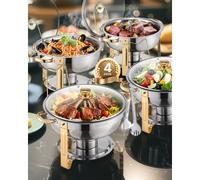VEVOR Calentador de Alimentos para Bufé con 4 Recipientes de Tamaño Completo(4,7 L), Redondo, para Catering con Tapa de Cristal, Bandeja de Agua y Soporte Plegable, para Bufé de Bodas, Dorado