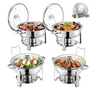 VEVOR Calentador de Alimentos para Bufé con 4 Recipientes Tamaño Completo(4,7 L Cada Uno), Redondo, para Catering con Tapa de Vidrio y Bandeja de Agua y Soporte Plegable, para Bufé, Bodas, Plata