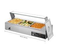 VEVOR Calentador de Alimentos, Tapa de Vidrio y 3 Recipientes,1,5 kW, Acero Inoxidable, Baño María, Estación de Calentamiento de Alimentos para Restaurantes, Fiestas y Buffets, 920 x 365 x 335 mm