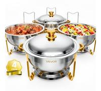 VEVOR Calentador de Comida para Bufé 5,68 L, de Acero Inoxidable, 4 Piezas | Para Banquetes, Fiestas, Bodas y Eventos, Redondo, Apilables, Sirve Alimentos Calientes o Fríos, con Soporte para Combustible