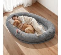 VEVOR Cama Acogedora para Perros, Diseño Ovalado, 174 x 118 x 24 cm, Espuma Viscoelástica, Tamaño Humano, con Bolsillo Lateral, Asa y Cremallera, Funda Extraíble y Lavable a Máquina, Gris Oscuro