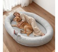 VEVOR Cama para Perros, 178 x 120 x 24 cm, Peluche Corto, de Espuma Viscoelástica, Tamaño Humano, con Bolsillo Lateral, Asa y Cremallera, Funda Extraíble y Lavable a Máquina, Gris, Diseño Ovalado