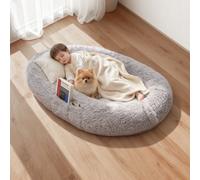 VEVOR Cama para Perros de Diseño Ovalado, de Espuma Viscoelástica, Tamaño Humano, con Bolsillo Lateral, Asa y Cremallera, Funda Extraíble y Lavable a Máquina, Color Gris, 1320 x 860 x 240 mm