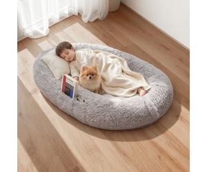 VEVOR Cama para Perros de Diseño Ovalado, de Espuma Viscoelástica, Tamaño Humano, con Bolsillo Lateral, Asa y Cremallera, Funda Extraíble y Lavable a Máquina, Color Gris, 1320 x 860 x 240 mm