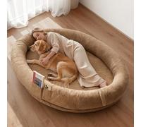 VEVOR Cama para Perros de Diseño Ovalado, Tamaño Humano, 177 x 123 x 24 cm, Ortopédica, de Espuma Viscoelástica, con Bolsillo Lateral, Asa y Cremallera, Funda Extraíble y Lavable a Máquina, Marrón