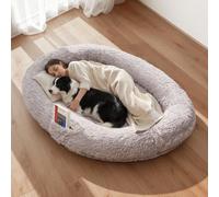 VEVOR Cama para Perros, Forma Ovalada, de Espuma Viscoelástica, Tamaño Humano, con Bolsillo Lateral, Asa y Cremallera, Funda Extraíble y Lavable a Máquina, Color Gris Claro, 1710 x 1000 x 240 mm