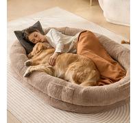 VEVOR Cama para Personas y Mascotas 1825 x 1220 x 254 mm Cama Grande para Perros de Tamaño Humano con Funda de Piel Sintética de Conejo Espuma de Panal, Bolsillo de Almacenamiento, Marrón