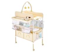 VEVOR Cambiador para Bebé, Cambiador Plegable 762 x 750 x (1005-1080) mm | con 2 Cajones de Tela, Cesta Lateral, Barra para Colgar, Ruedas Bloqueables y 2 Juguetes en Forma de Estrella, Beige Claro