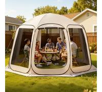 VEVOR Carpa Plegable, 3660 x 3380 x 2300 mm, 10-12 Personas, con Mosquitera, Bolsa de Transporte, Laterales de Malla y Estacas para el Suelo, para Jardín, Patio y Actividades al Aire Libre, Beige