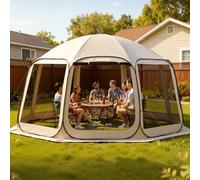 VEVOR Carpa Plegable, Polígono de 8 Lados, 4500 x 4250 x 2450 mm, para 12-15 Personas, con Bolsa de Transporte, Laterales de Malla y Estacas para el Suelo, para Actividades al Aire Libre, Beige