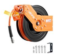 VEVOR Carrete de Manguera de Aire Retráctil 15 m x 9,5 mm, Manguera para Compresor de Aire Presión Máxima de 300 PSI, con Entrada de 1,52 m, Montaje en Techo o Pared Giratorio de 180° para Talleres