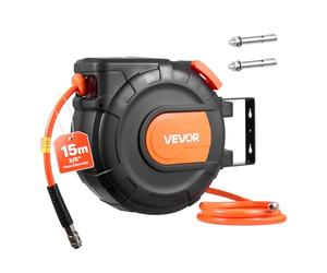 VEVOR Carrete de Manguera de Aire Retráctil 15 m x 9,5 mm, Manguera para Compresor de Aire Presión Máxima de 300 PSI, con Entrada de 1 m, Montaje en Techo o Pared Giratorio de 180°, para Garaje
