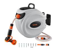 VEVOR Carrete de manguera de pared de 25M X 12Mm con soporte giratorio de 180°, 9 modelos, 3 adaptadores rápidos, retroceso automático con bloqueo para césped, jardín, coche