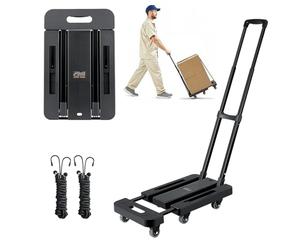 VEVOR Carretilla de Mano Plegable, Carrito de Equipaje Plegable con 6 Ruedas, 2 Cuerdas Elásticas y Base Expandible Carga de 226,8 kg para Equipaje de Viaje, Aeropuerto, Oficina, Mudanza, Negro