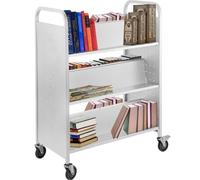 VEVOR Carrito Blanco para Libros con Ruedas, Carro con Estantes Inclinados en Forma de W de Doble Lado, 1250 x 900 x 480 mm, Carga de 90 kg, Carro de Libros para Biblioteca, Oficina, Escuela, Casa
