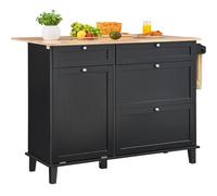 VEVOR Carrito de Cocina con Isla, Barra de Desayuno de Madera con Gabinete para Basura, Inclinable, Mesa Comedor Estilo Granja con Hojas Abatibles, Barra para Toallas, Cajón, Negro 1280 x 740 x 930 mm