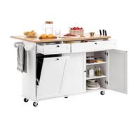 VEVOR Carrito de Cocina con Isla y Almacenamiento, con Ruedas, Abatible, 2 Cajones, Cubo de Basura, Portacuchillos, Especiero y Toallero, Mesa para Comedor y Despensa, 153 x 70 x 90 cm, Blanco