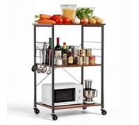 VEVOR Carrito de Cocina de 3 Niveles, Soporte para Microondas 602 x 402 x 902 mm, Carrito Auxiliar con Ruedas y 8 Ganchos, Marco de Hierro y Estantes de Aglomerado, para Mini Horno, Tostadora