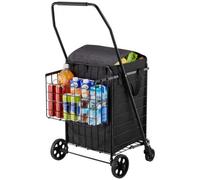VEVOR Carrito de Compra, Plegable, con Dos Cestas, Revestimiento y Ruedas Impermeables, Capacidad de Carga de 45,3 kg, 64 + 10 L, Ideal para Lavandería, Compras, Camping y Comestibles, Negro