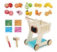 VEVOR Carrito de Compras Infantil de Madera con Frutas, Verduras, Escáner de Juguete, Ruedas Suaves para Juego de Rol, Coordinación, Carrito de Supermercado de Juguete para Niños de 3 Años en Adelante