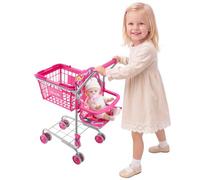 VEVOR Carrito de Compras Infantil Plegable de Metal con Cesta de 7L, Ruedas 360°, Doble Almacenamiento, Muñeca, Asiento para Muñeca, Carrito de Supermercado de Juguete para Niños de 3 Años en Adelante