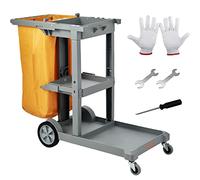 VEVOR Carrito de limpieza, carrito de limpieza comercial de 3 estantes, carrito de limpieza de plástico de 200 libras, con bolsa de PVC de 25 galones, 47 x 20 x 38.6 pulgadas, amarillo y gris