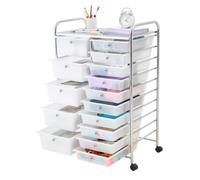 VEVOR Carrito Organizador de Metal con 15 Cajones de Doble Fila, Carrito de Almacenamiento con Ruedas Giratorias 360° y 2 Frenos, para Cocina Manualidades Garaje Dormitorio Oficina y Baño, Blanco