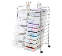 VEVOR Carrito Organizador de Metal con 15 Cajones de Doble Fila, Carrito de Almacenamiento con Ruedas Giratorias 360° y 2 Frenos, para Cocina Manualidades Garaje Dormitorio Oficina y Baño, Blanco