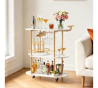 VEVOR Carro de Bebidas 3 Niveles, Carrito de Servicio con Ruedas 83,5x40x86,4 cm, Estantes de Tabla, Estructura de Hierro, con Botellero, Soporte para Copas, para Sala de Estar, Comedor, Marco Dorado